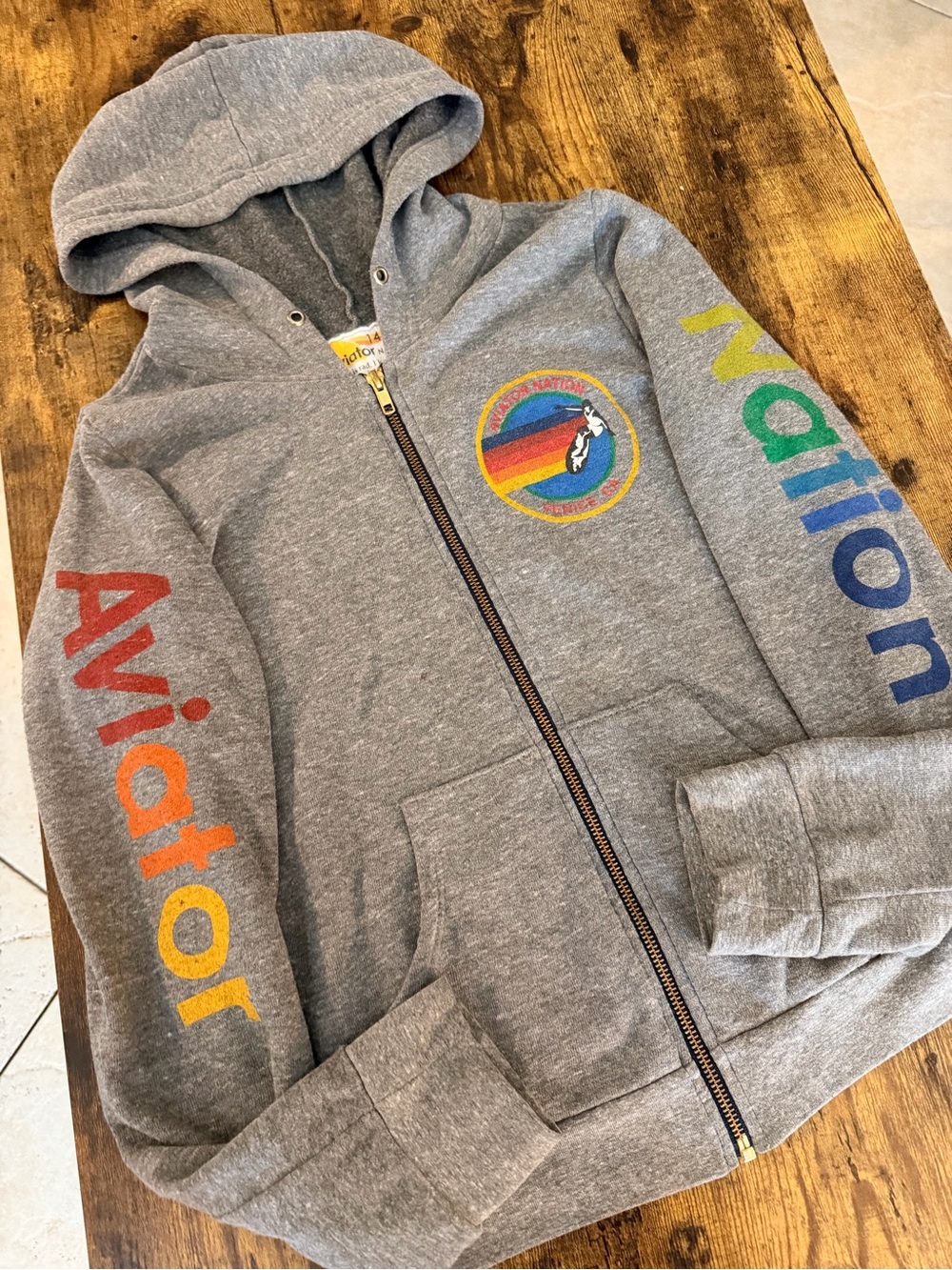 Aviator Nation Gray Kids' Zip Hoodie with Rainbow Sleeve Logos- size 14